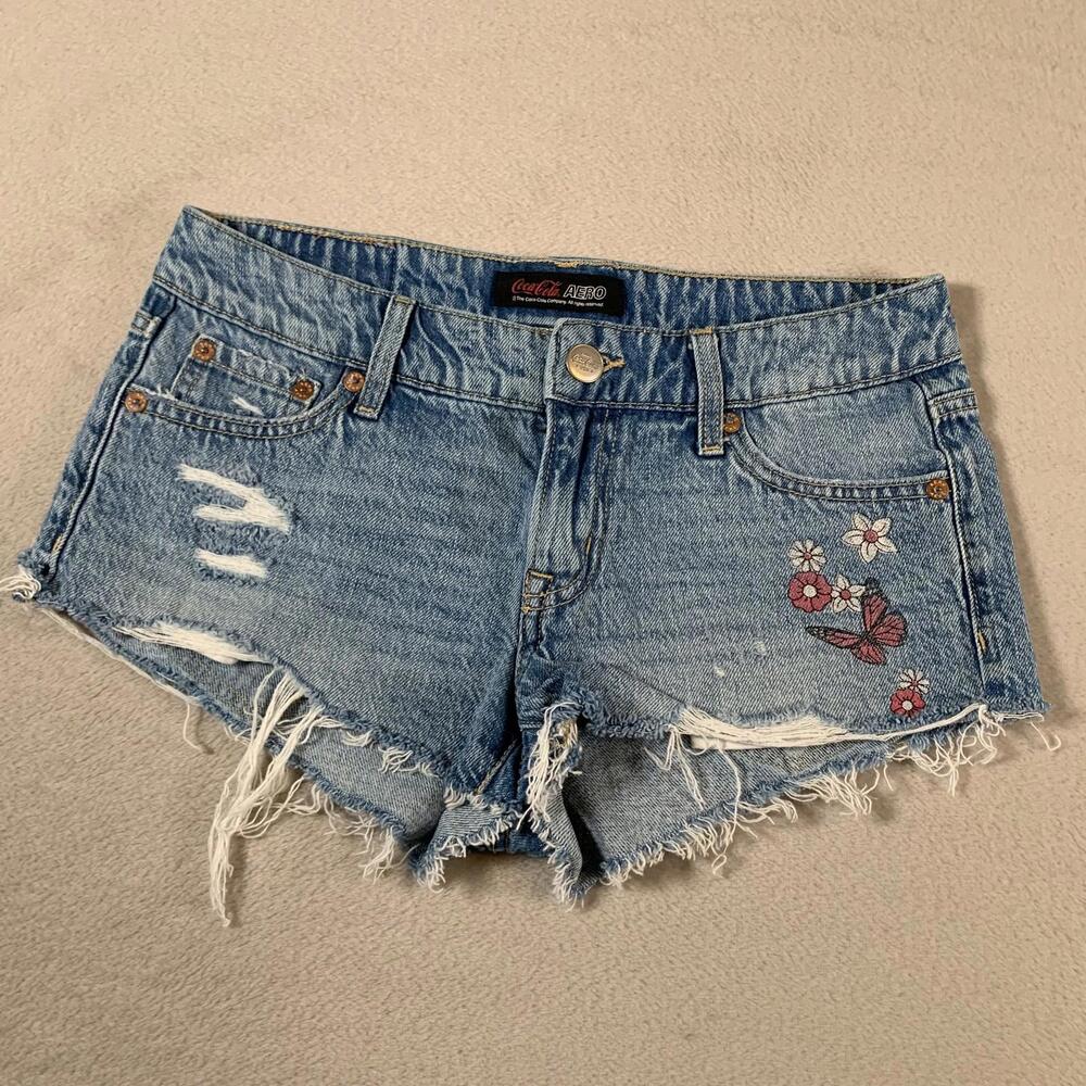 Vintage Coca-Cola AERO Shorts Womens‎ 0 Denim Low Rise Shorty Distressed Floral